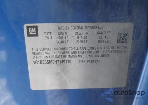 2017 Chevrolet Cruze Lt Auto из США, поврежденный, VIN 1G1BE5SM0H7149110